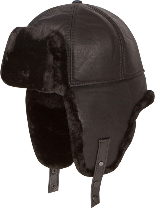 Sakkas Leather Shearling Unisex Faux Mink Fur Aviator Russian Ushanka Trapper Winter Ear Flaps Warm Hat Chin Strap Ski Snow