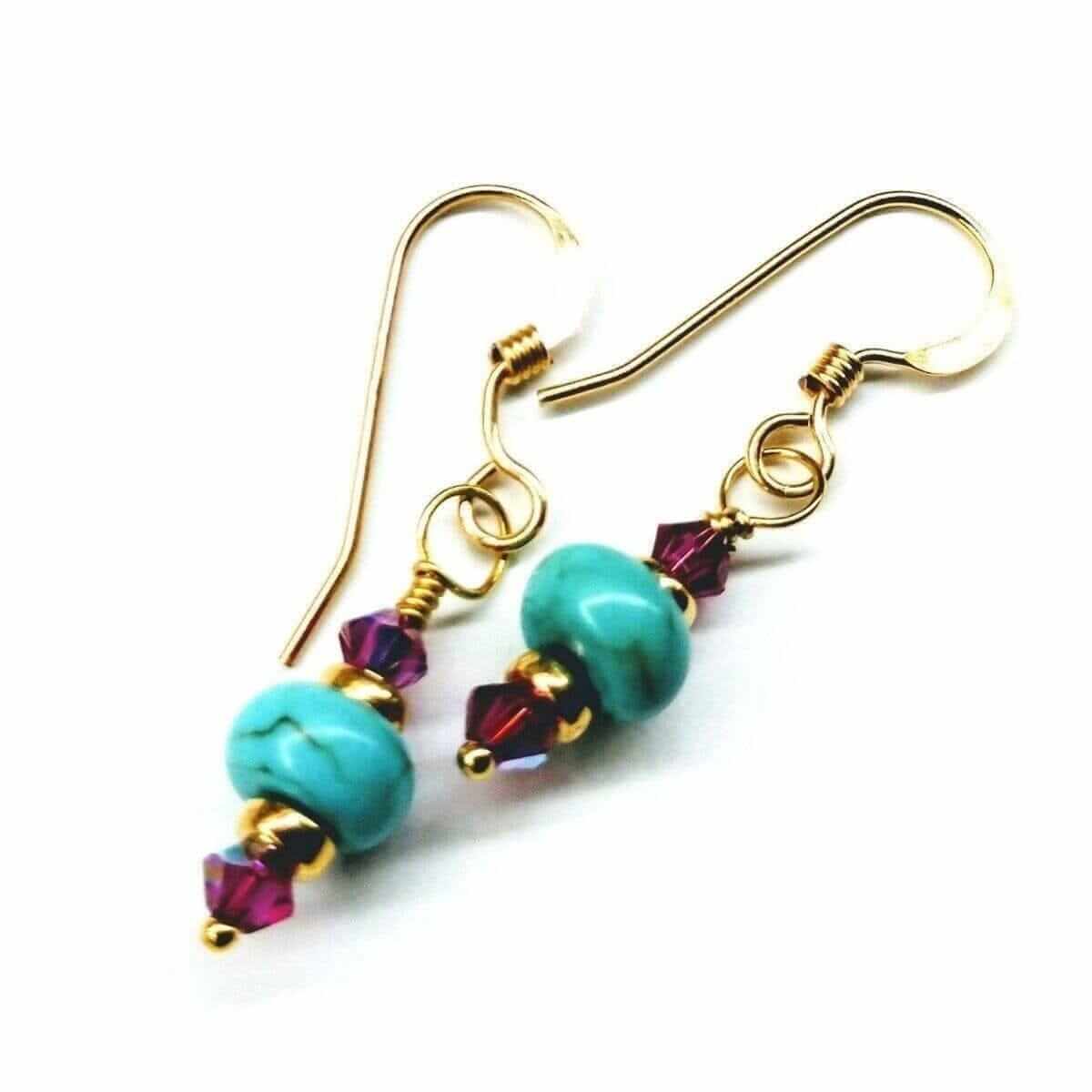 Hot Pink and Turquoise Gemstone14 K Gold Filled Earrings