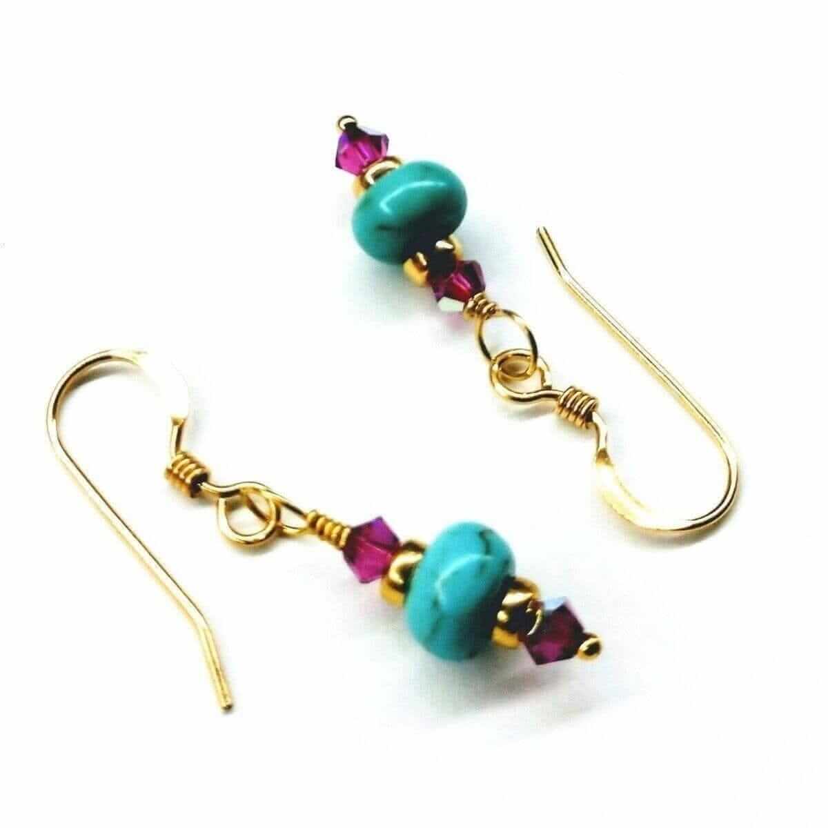 Hot Pink and Turquoise Gemstone14 K Gold Filled Earrings