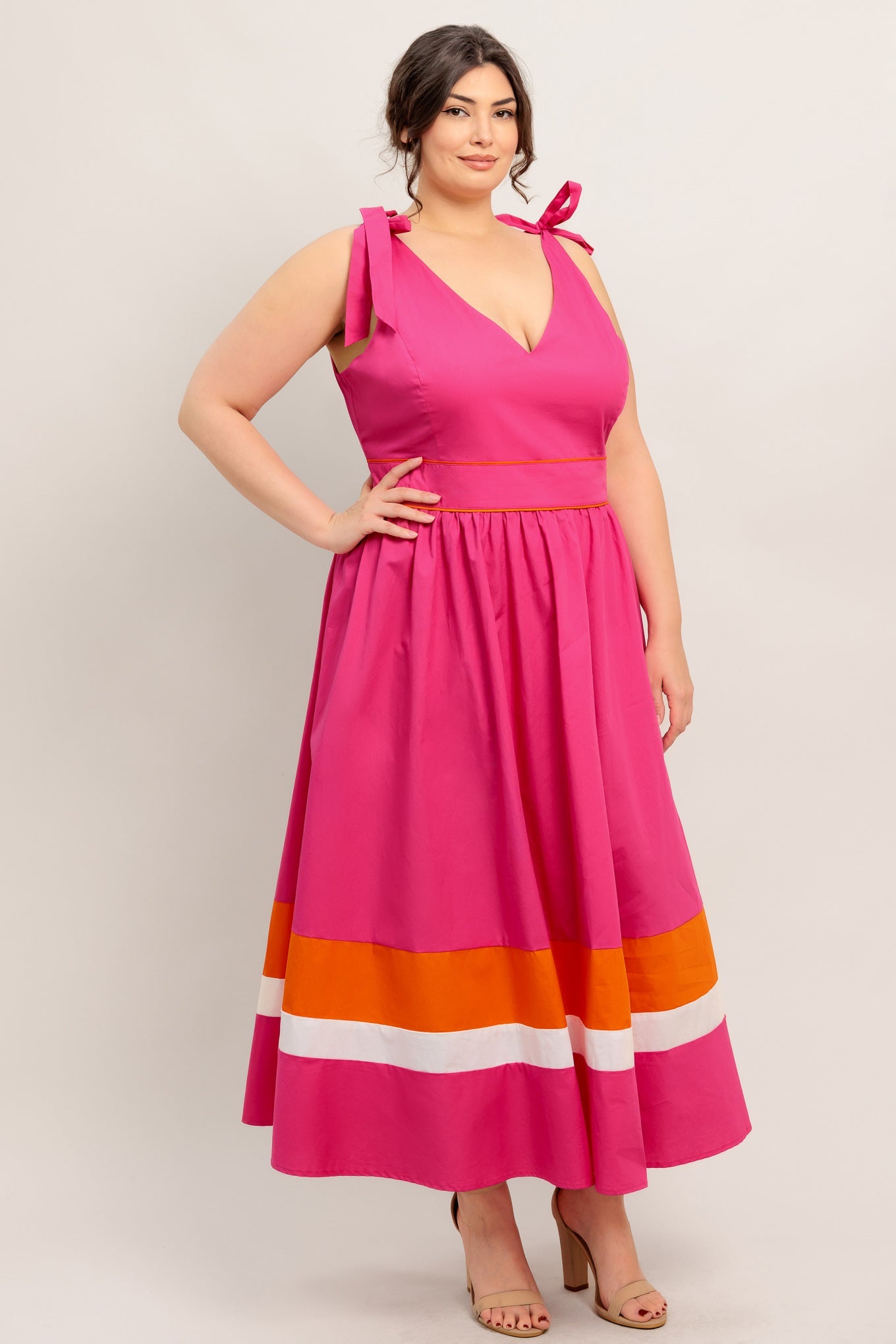 FOREST CHARM FUCHSIA ORANGE WOVEN MIDI DRESS