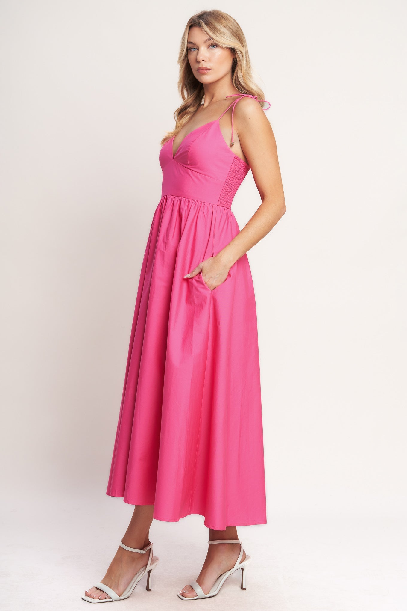 PRETTY IN PINK WOVEN MIDI DRESS