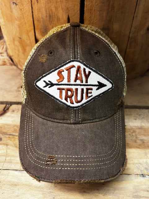 STAY TRUE Distressed Tan Mesh Snapback Baseball Cap
