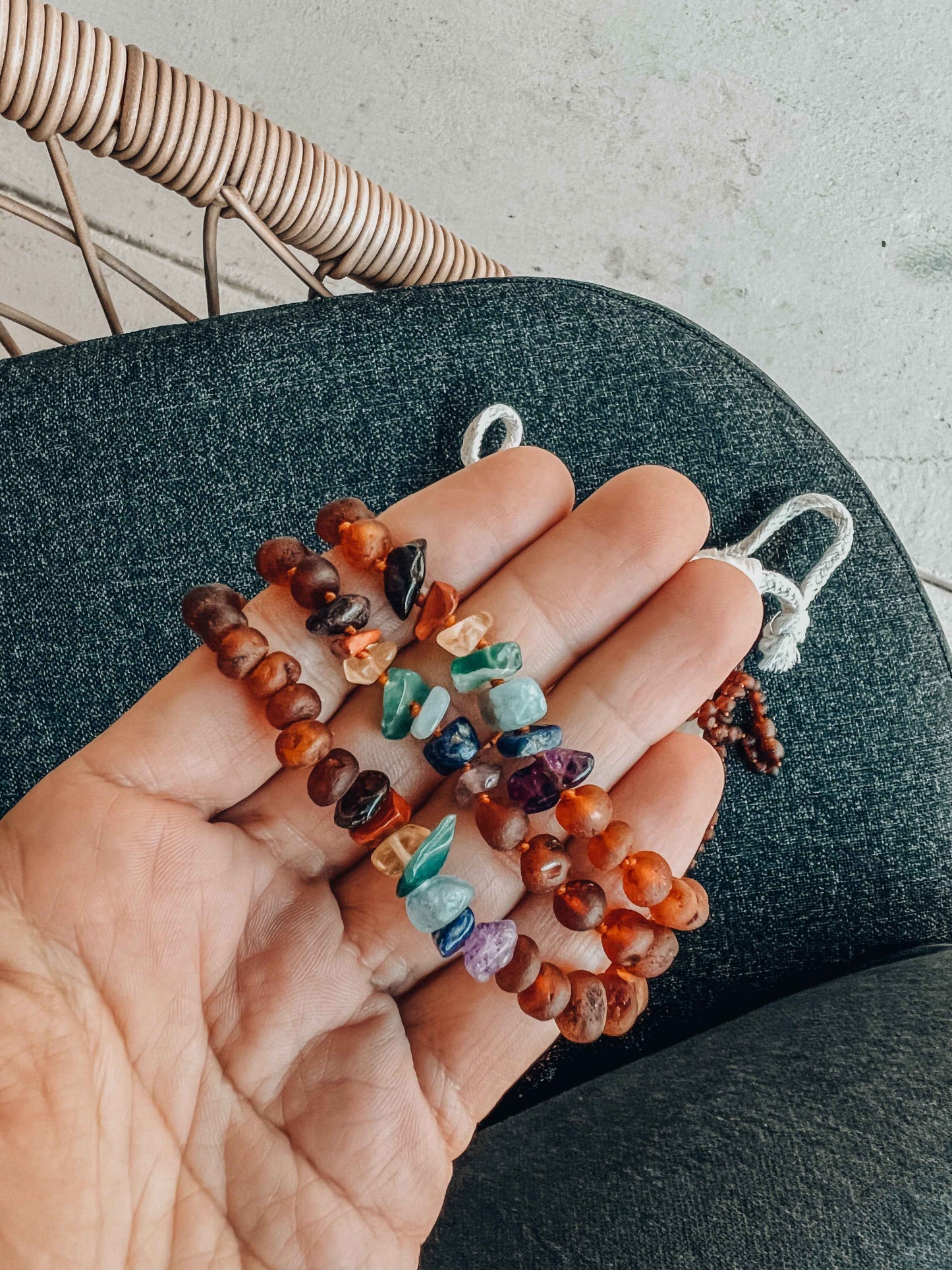 Raw Cognac Baltic Amber + Raw CHAKRA Crystals || Adult Bracelet
