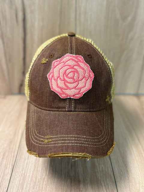 Peony distressed snapback mesh hat