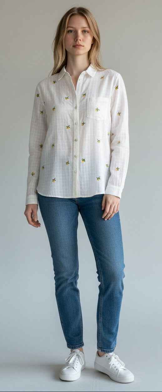 [135671-112] WOMENS LUCKY BRAND EMBROIDERED LS BUTTON UP SHIRT - WHITE