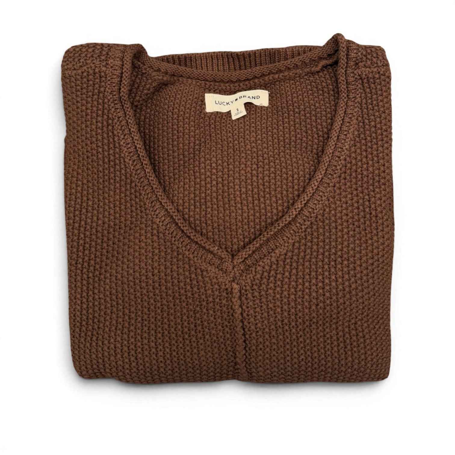 [163381-249] WOMENS LUCKY BRAND L/S SOLID TEXTURED V NK (5GG) - CHICORY COFFEE