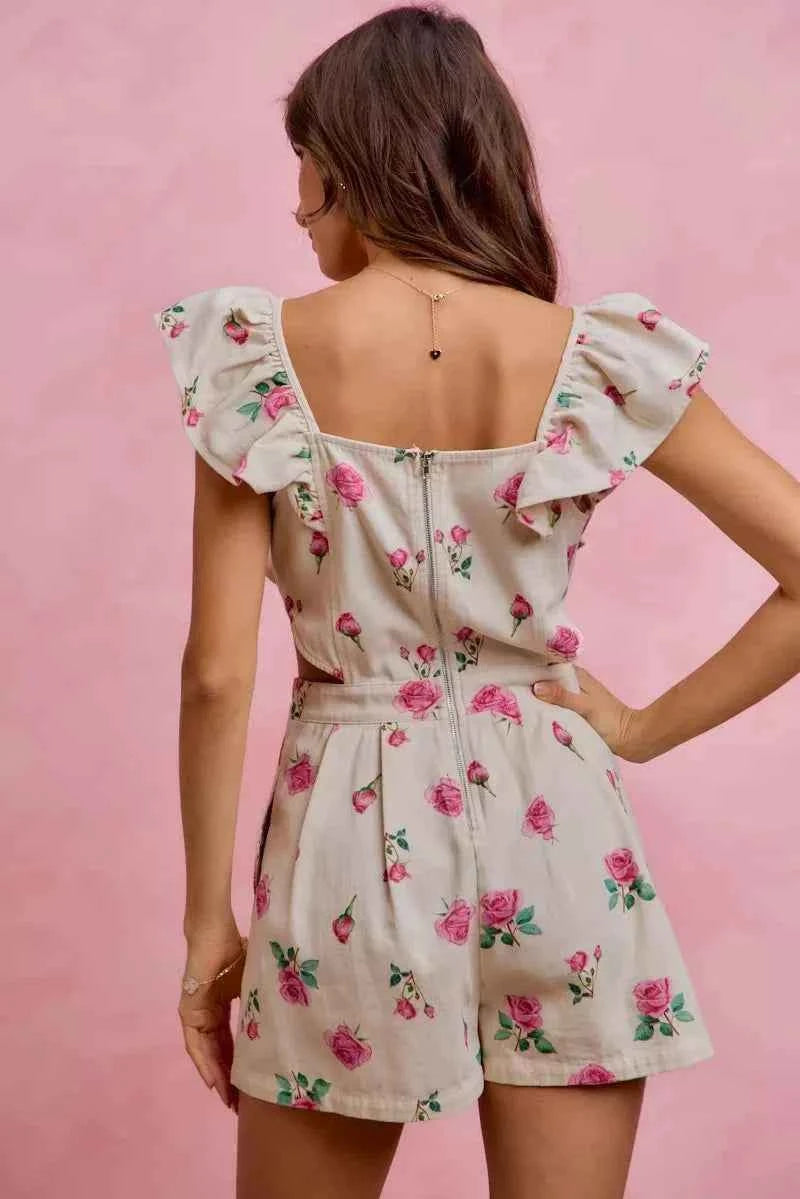 Ivory Floral Print Denim Cut Out Waist Ruffled Romper w/ Pockets by So Me