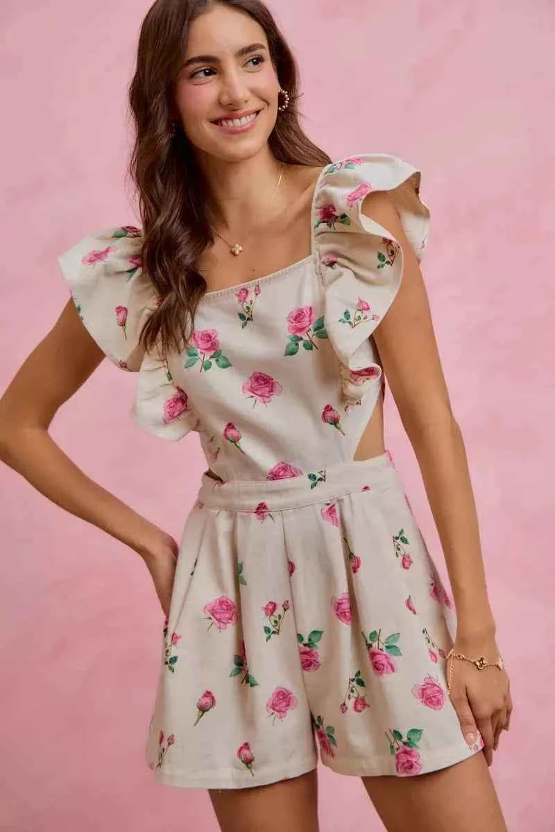 Ivory Floral Print Denim Cut Out Waist Ruffled Romper w/ Pockets by So Me