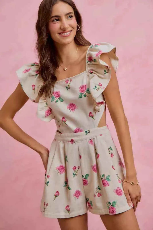 Ivory Floral Print Denim Cut Out Waist Ruffled Romper w/ Pockets by So Me