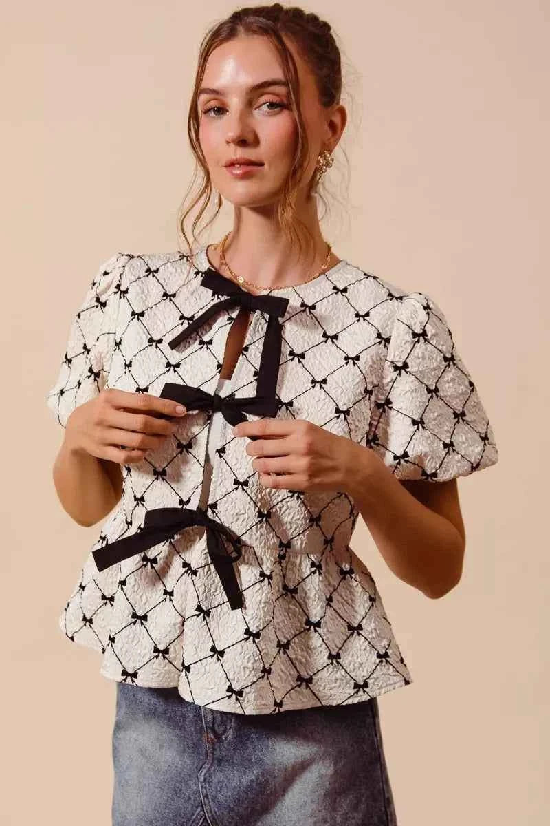 Ivory Textured Peplum Top with Bow Detail & Contrast Tie by So Me