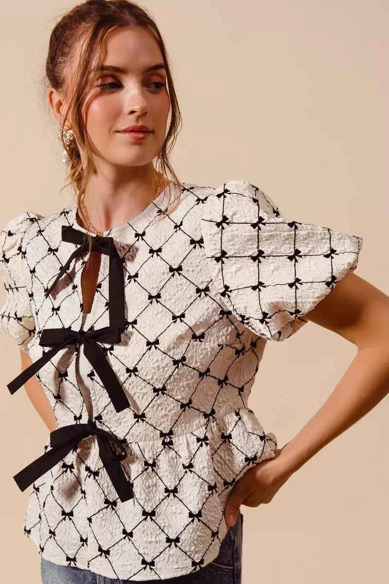 Ivory Textured Peplum Top with Bow Detail & Contrast Tie by So Me