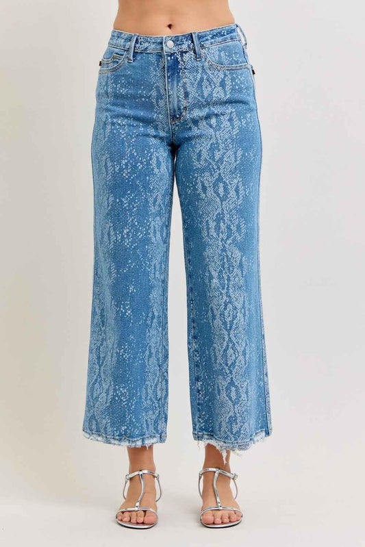 Judy Blue Printed High Rise Wide Leg Jeans – Ankle Length Casual Denim