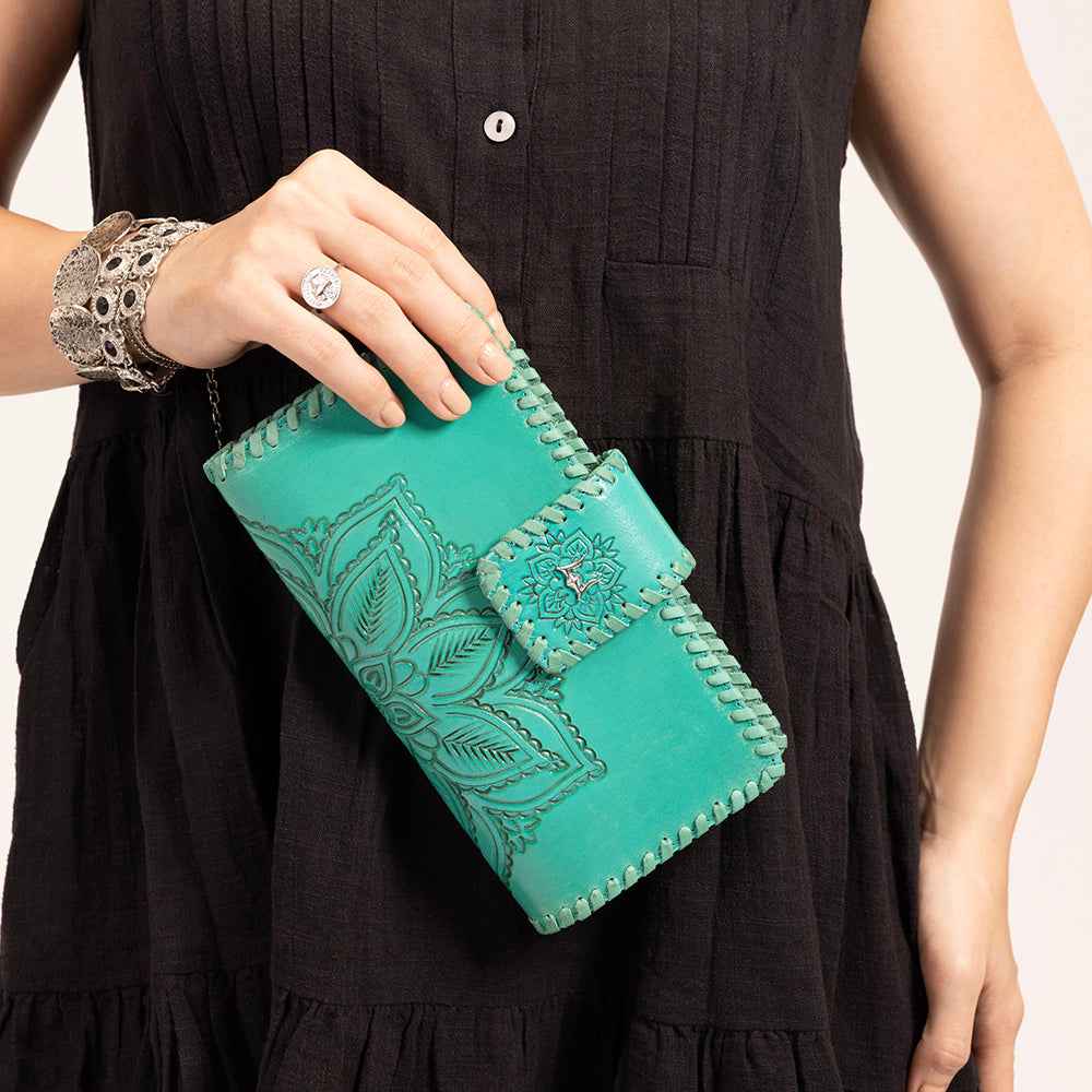 Loyal West Desert Lotus Wallet  - Turquoise  Handtooled Leather & Calfskin