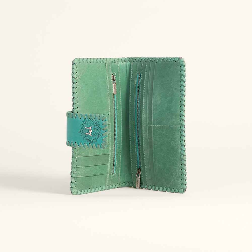 Loyal West Desert Lotus Wallet  - Turquoise  Handtooled Leather & Calfskin