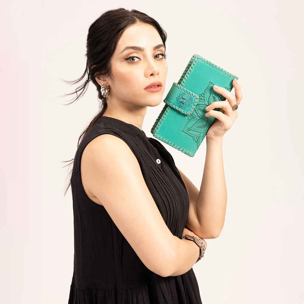 Loyal West Desert Lotus Wallet  - Turquoise  Handtooled Leather & Calfskin