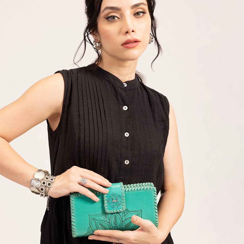 Loyal West Desert Lotus Wallet  - Turquoise  Handtooled Leather & Calfskin