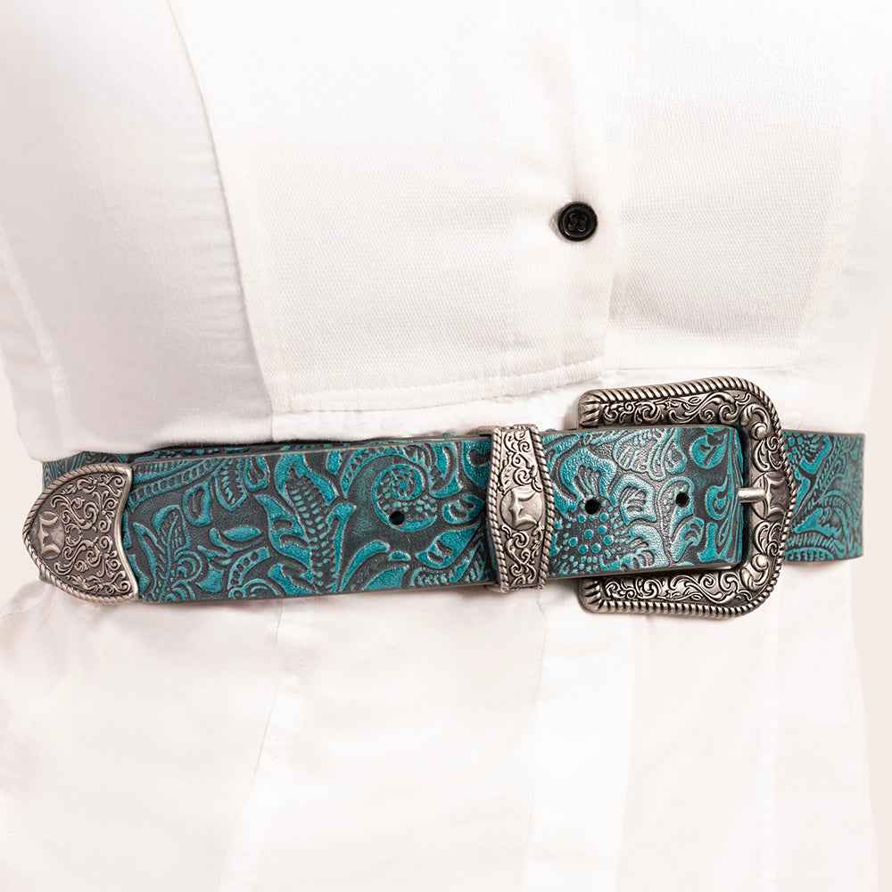 Loyal West Sophia Belt- Turquoise Floral Leather