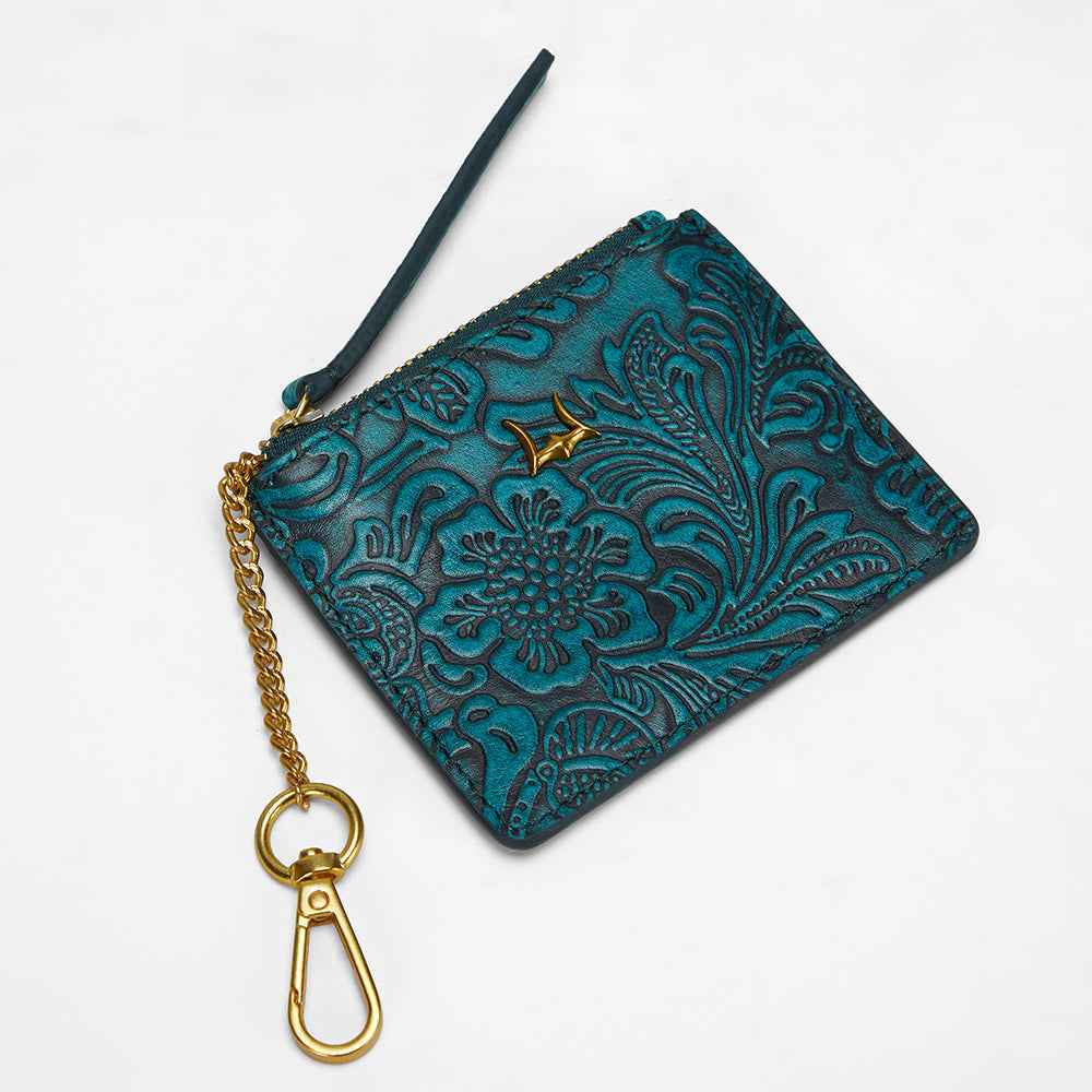 Loyal West SOPHIA CREDIT CARD HOLDER IN HAND FINISHED EMBOSSED LEATHER -  TURQUOISE