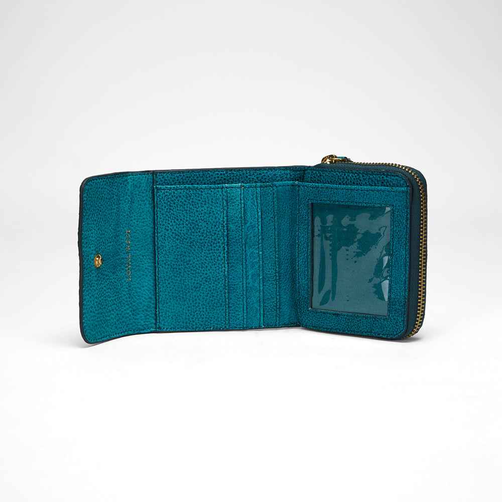 Loyal West SOPHIA CARD HOLDER IN HAND FINISHED EMBOSSED LEATHER -  TURQUOISE