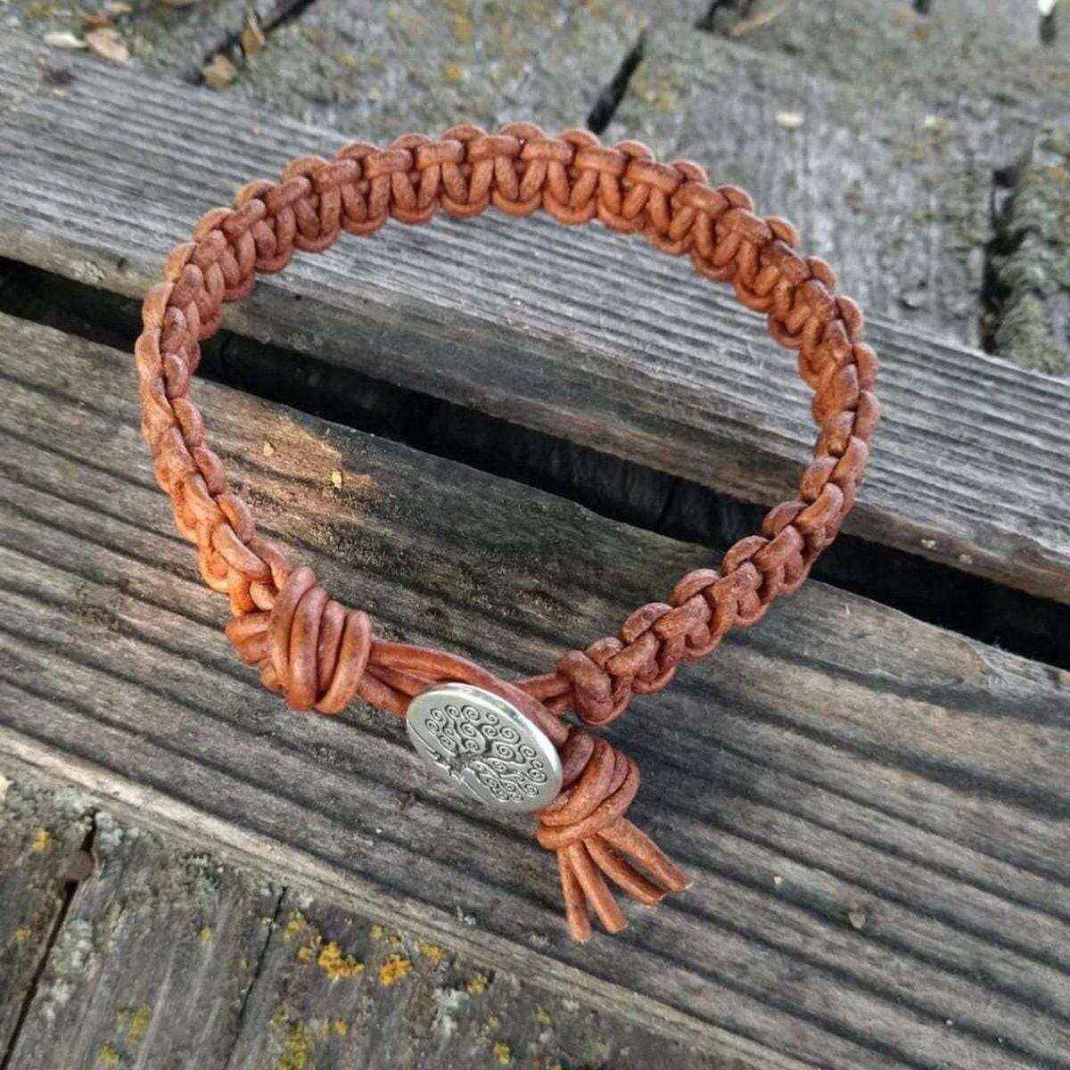 Large Mens Tree of Life Earth Color Macrame Leather Bracelet