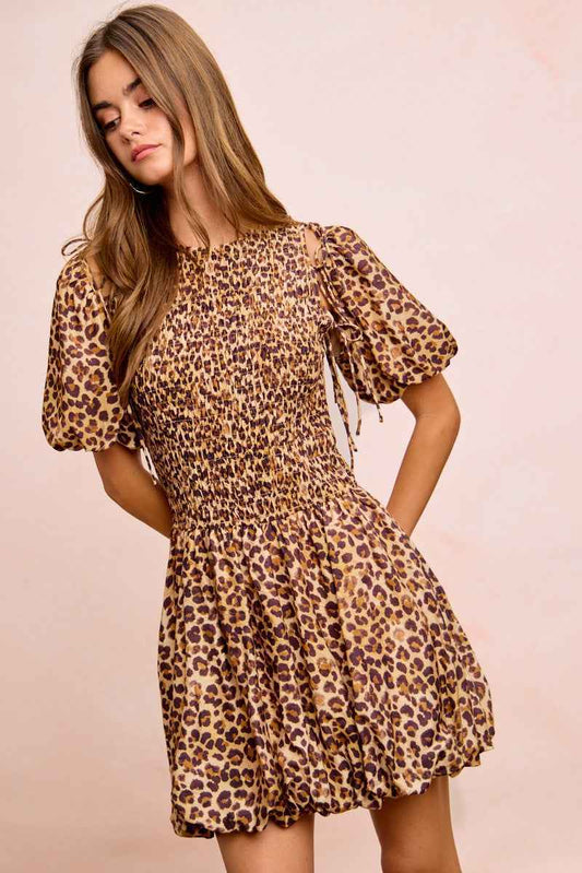 Leopard Bow Tie Puff Sleeve Dress with Detachable Sleeves by BiBi