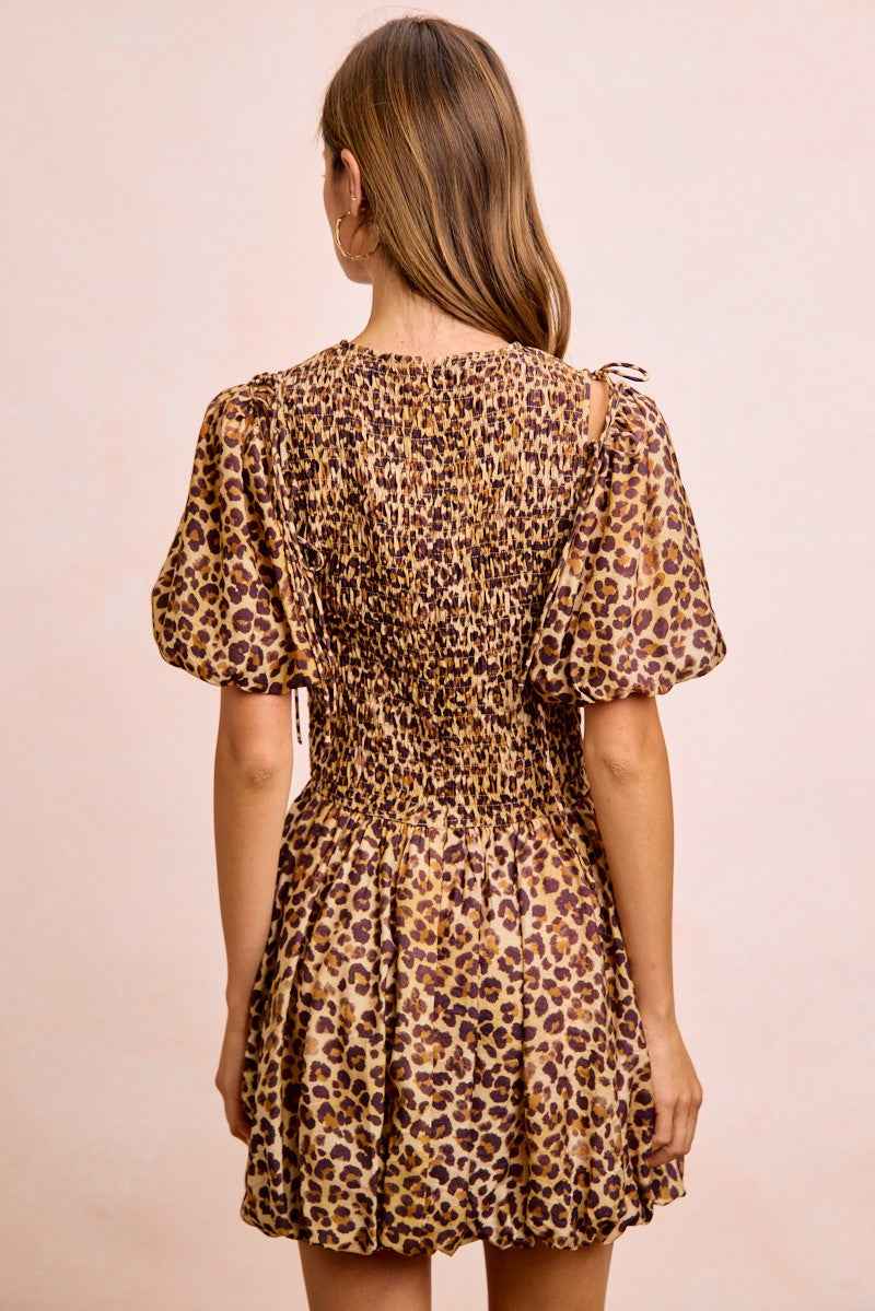 Leopard Bow Tie Puff Sleeve Dress with Detachable Sleeves by BiBi