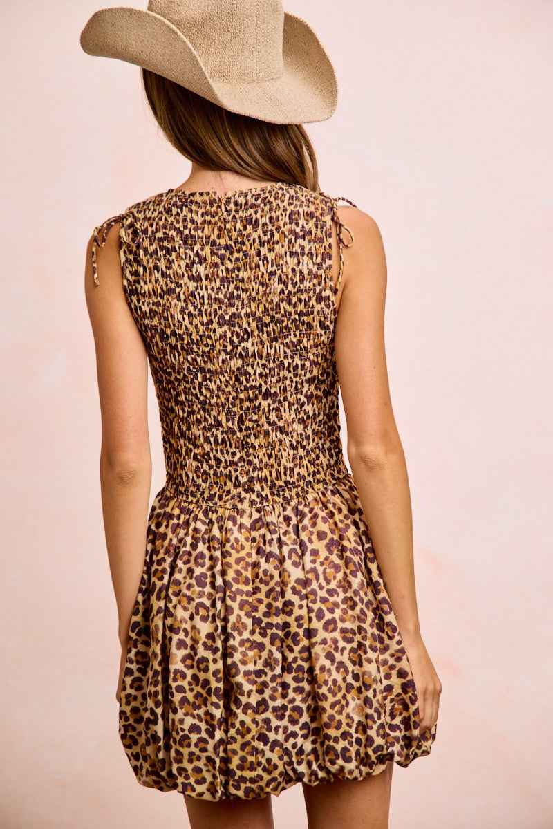 Leopard Bow Tie Puff Sleeve Dress with Detachable Sleeves by BiBi