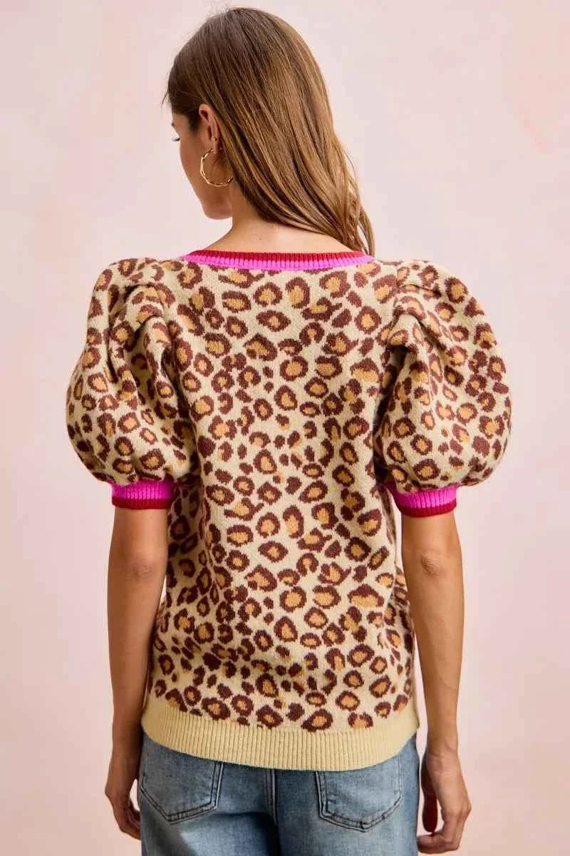 Leopard Pattern Ribbed Puff Sleeve V-neck Sweater Top by BiBi