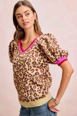 Leopard Pattern Ribbed Puff Sleeve V-neck Sweater Top by BiBi