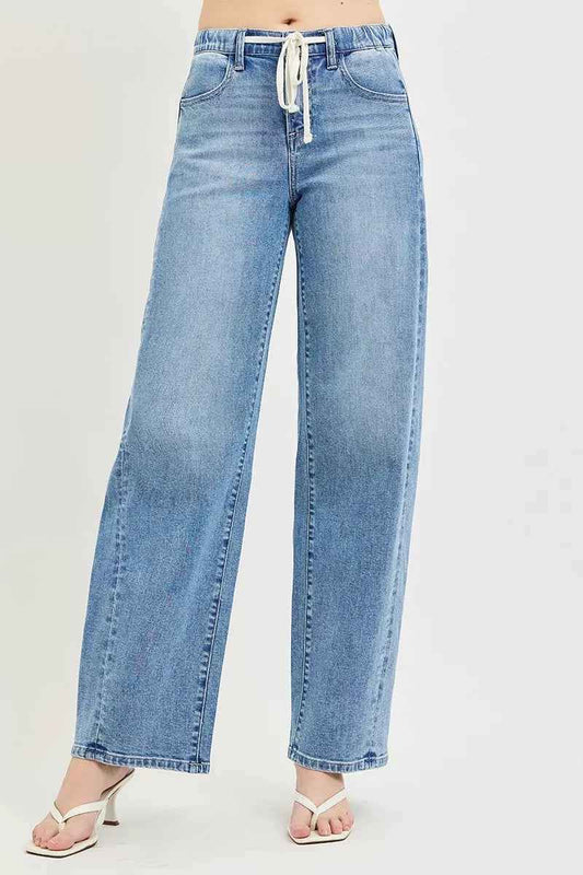 Light Wash Relaxed Fit Drawstring Waist Jeans by Risen