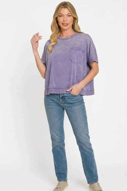 Marlin Acid Washed Round Neck Short Sleeve Oversized T-Shirt by Zenana