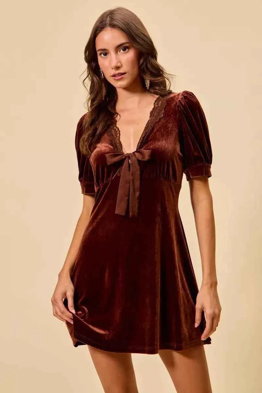 Mauve Velvet Short Sleeves Mini Dress w/ Bow by So Me