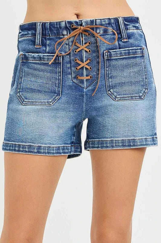 Med. Wash High Rise Front Tie Up Shorts with Patch Pockets by Risen