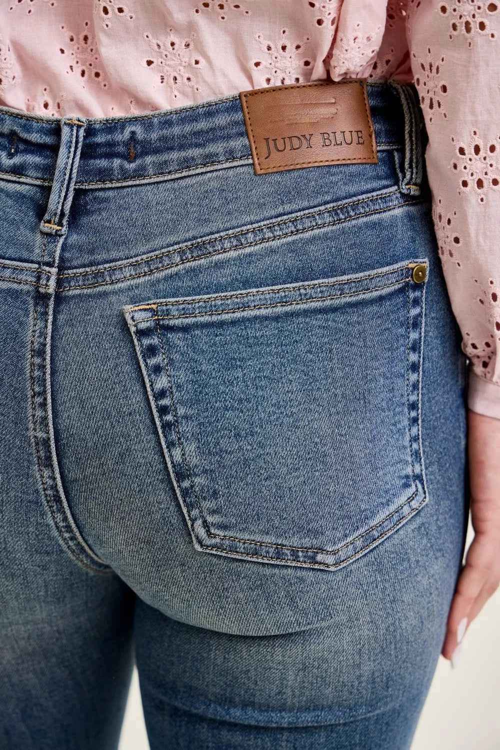 Medium Dark Mid Rise Flare Jeans with Front Flap Pockets by Judy Blue