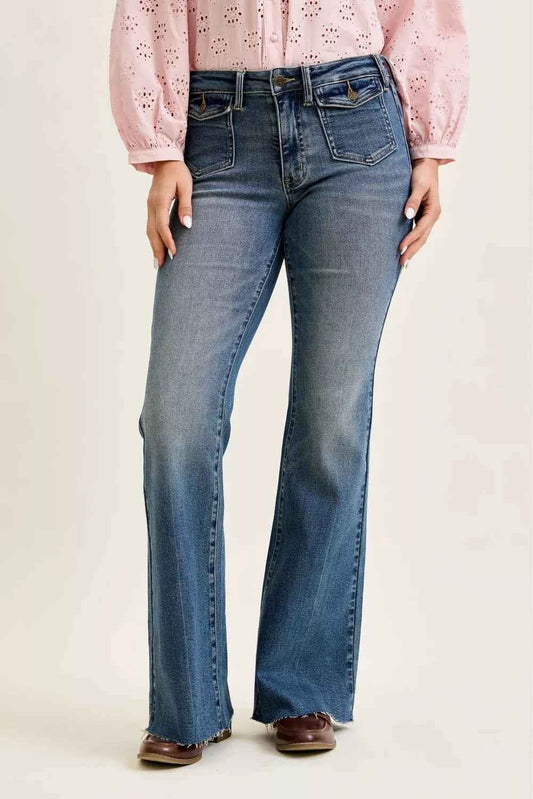 Medium Dark Mid Rise Flare Jeans with Front Flap Pockets by Judy Blue