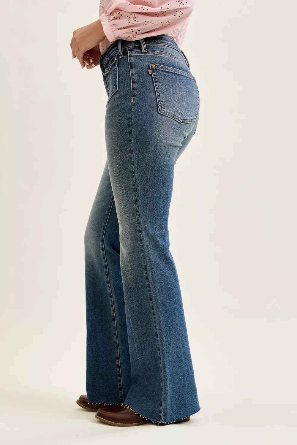 Medium Dark Mid Rise Flare Jeans with Front Flap Pockets by Judy Blue