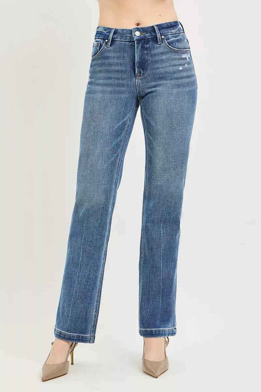Medium Wash Tummy Control 4-Way Stretch Mid Rise Straight Crease Line|Risen