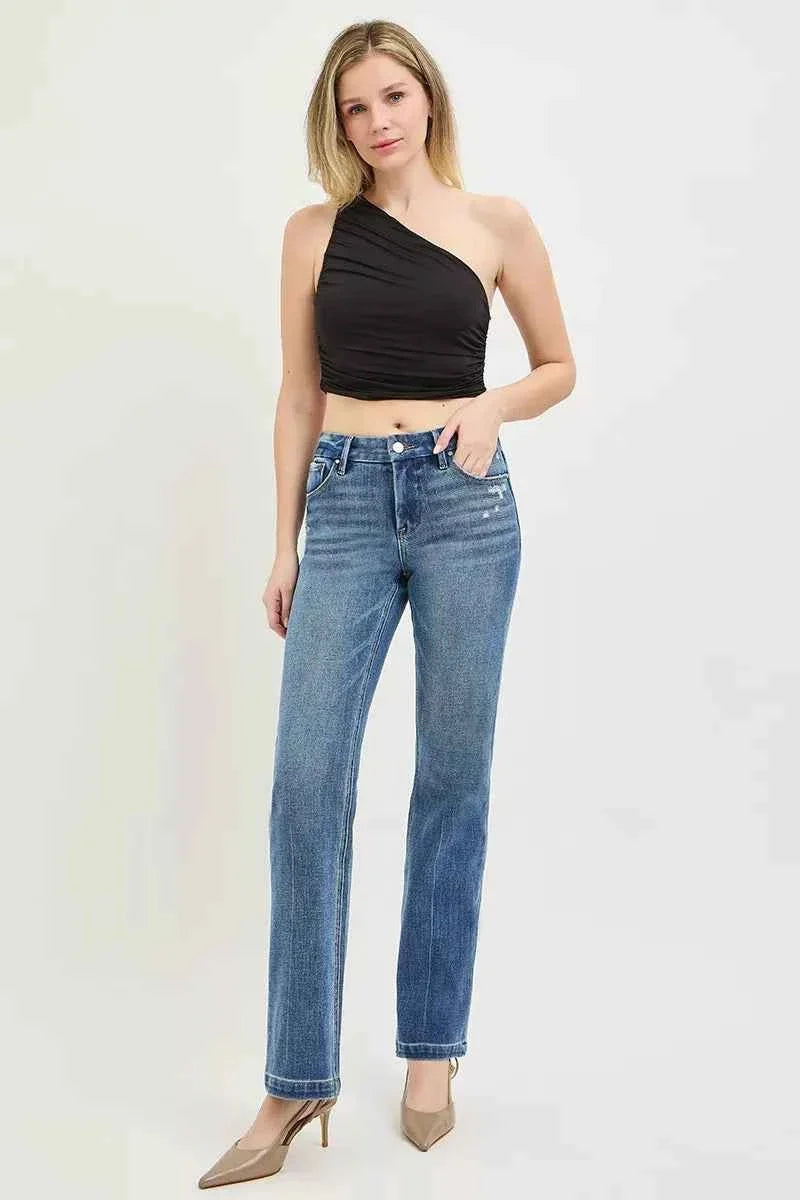 Medium Wash Tummy Control 4-Way Stretch Mid Rise Straight Crease Line|Risen