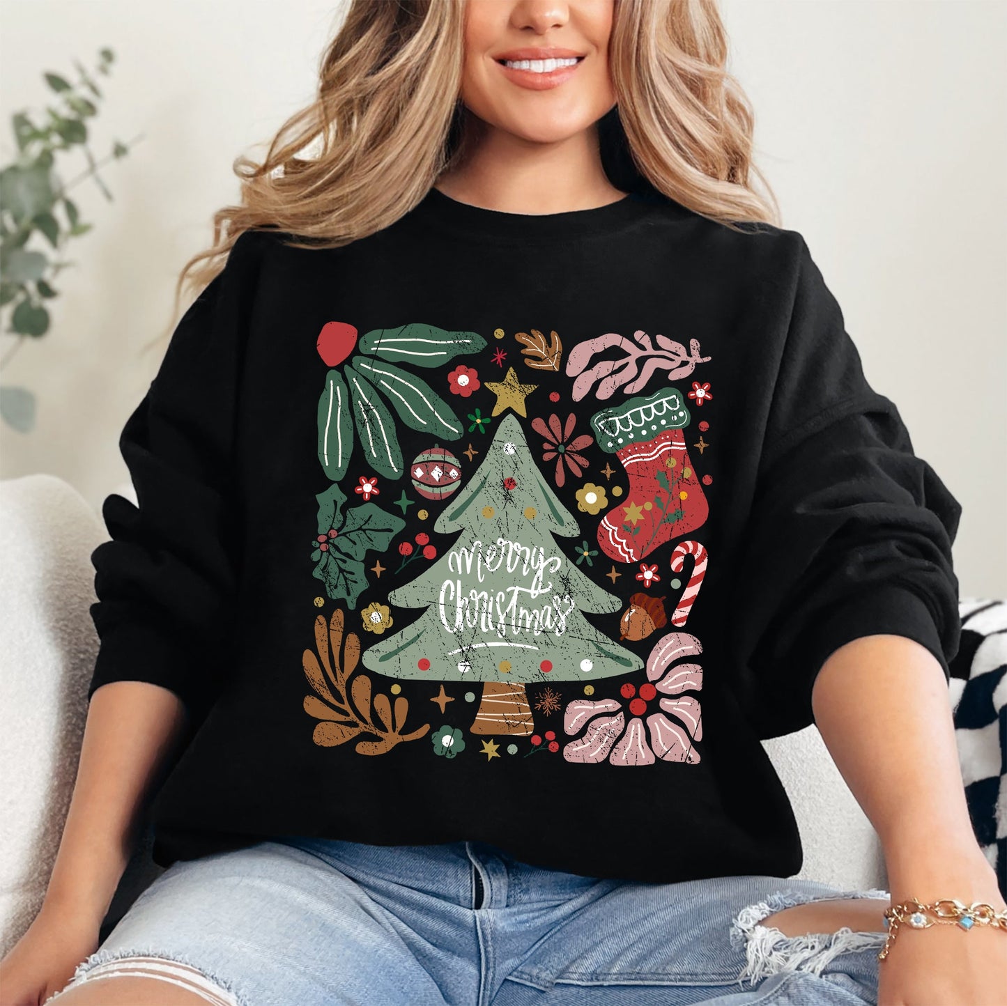 Merry Christmas, Green Floral, Flowers, Xmas Sweatshirt