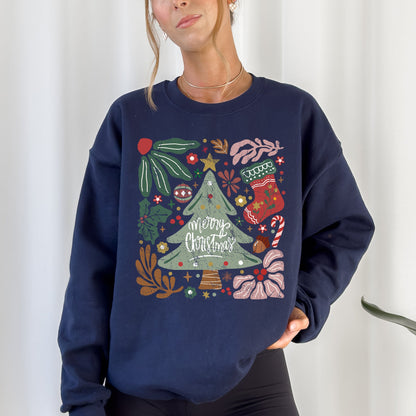 Merry Christmas, Green Floral, Flowers, Xmas Sweatshirt