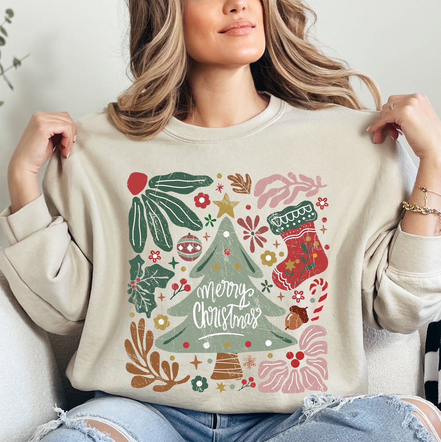Merry Christmas, Green Floral, Flowers, Xmas Sweatshirt