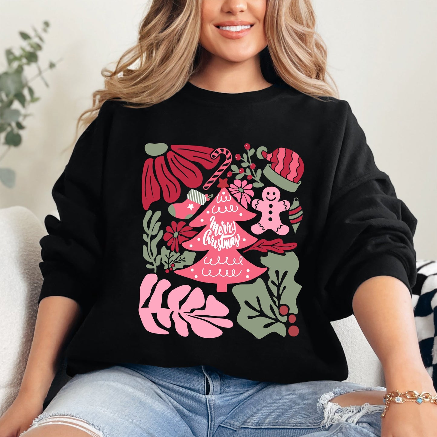 Merry Christmas, Pink Floral, Flowers, Xmas Sweatshirt