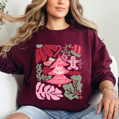 Merry Christmas, Pink Floral, Flowers, Xmas Sweatshirt