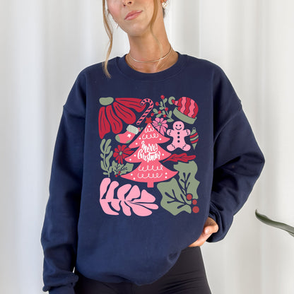 Merry Christmas, Pink Floral, Flowers, Xmas Sweatshirt
