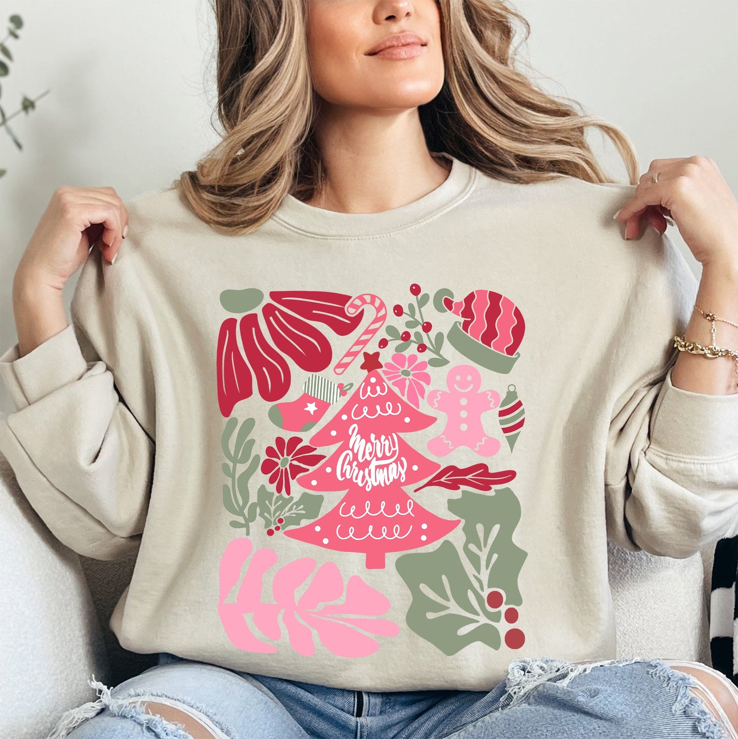 Merry Christmas, Pink Floral, Flowers, Xmas Sweatshirt
