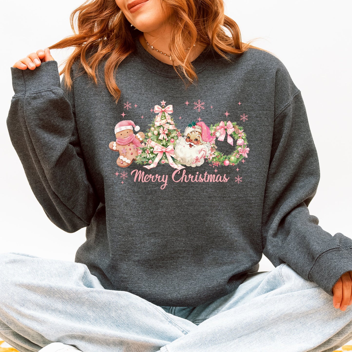 Merry Christmas, Pink Santa, Gingerbread Man, Snowflakes Sweatshirt