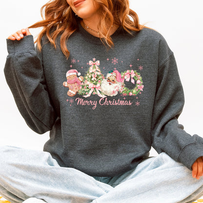 Merry Christmas, Pink Santa, Gingerbread Man, Snowflakes Sweatshirt
