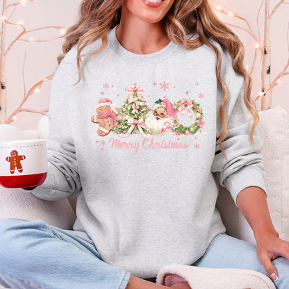 Merry Christmas, Pink Santa, Gingerbread Man, Snowflakes Sweatshirt