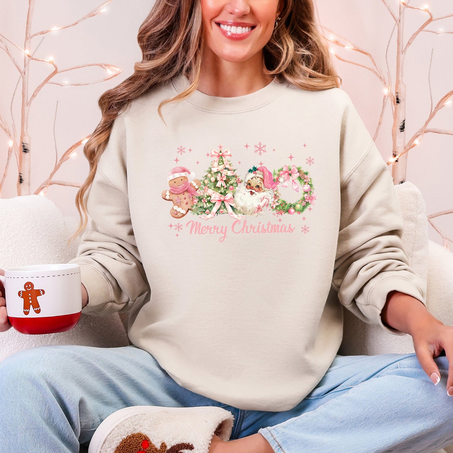 Merry Christmas, Pink Santa, Gingerbread Man, Snowflakes Sweatshirt