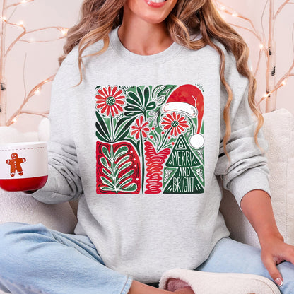 Merry and Bright, Retro Pattern, Christmas, Santa Hat, Christmas Tree Sweatshirt